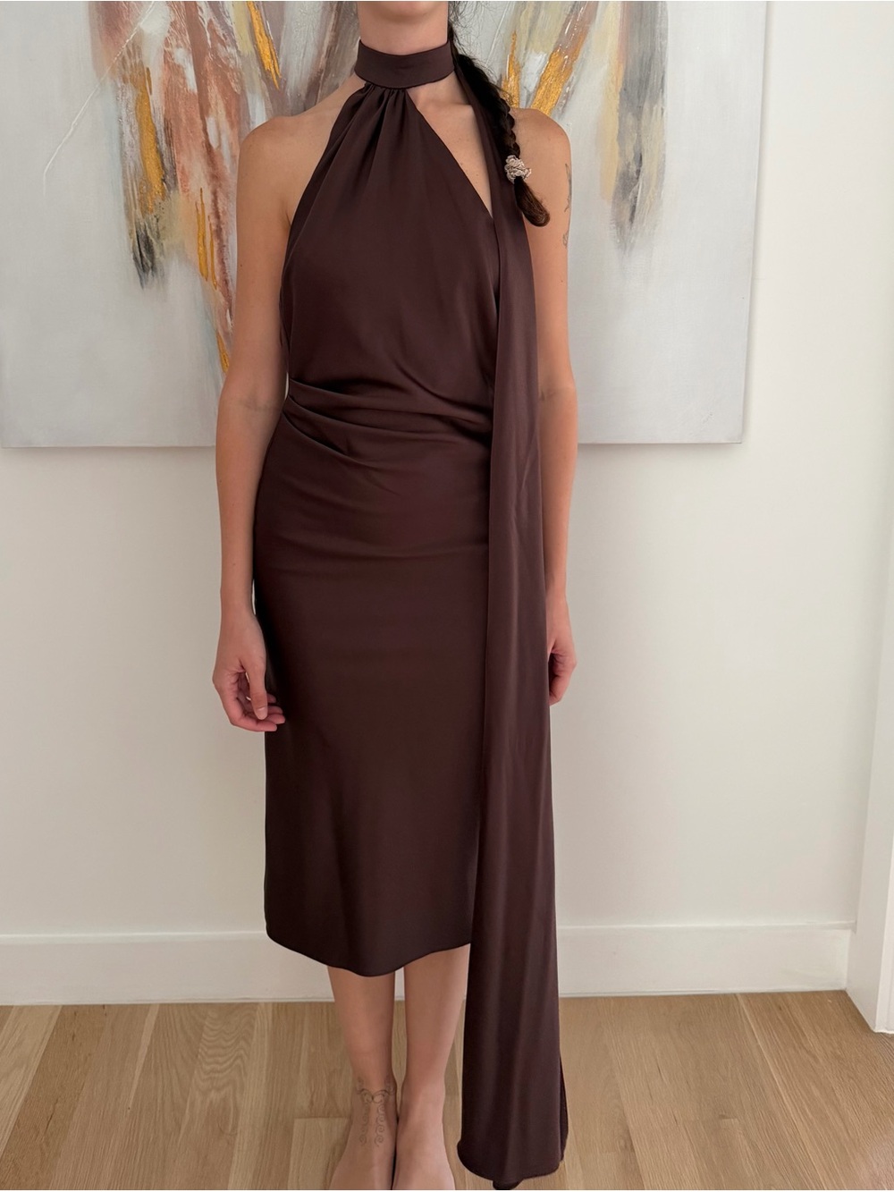 Halter Neck Chocolate Brown Midi Dress with Draped Sash